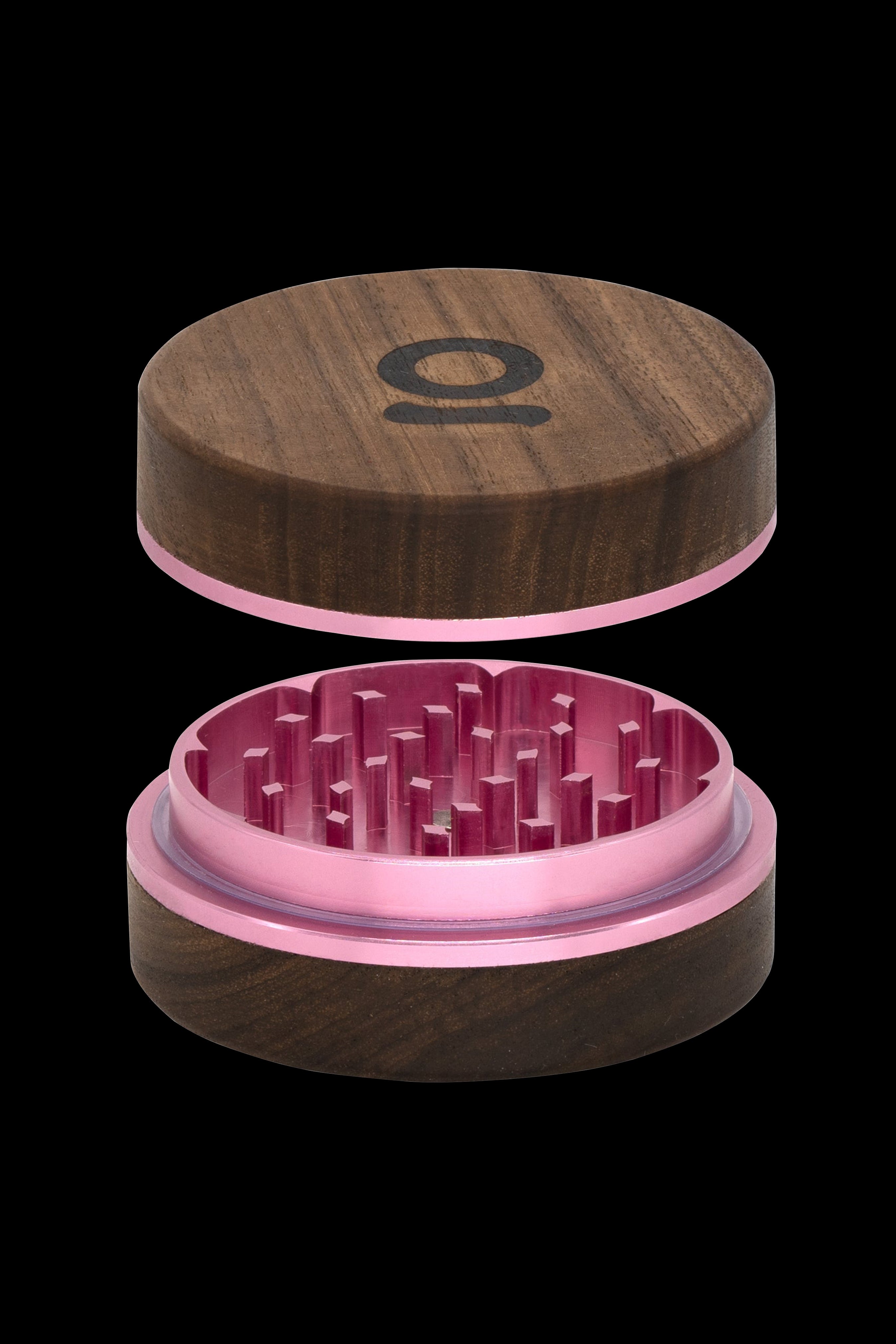 Wooden cannabis grinder with pink metal interior, shown open.