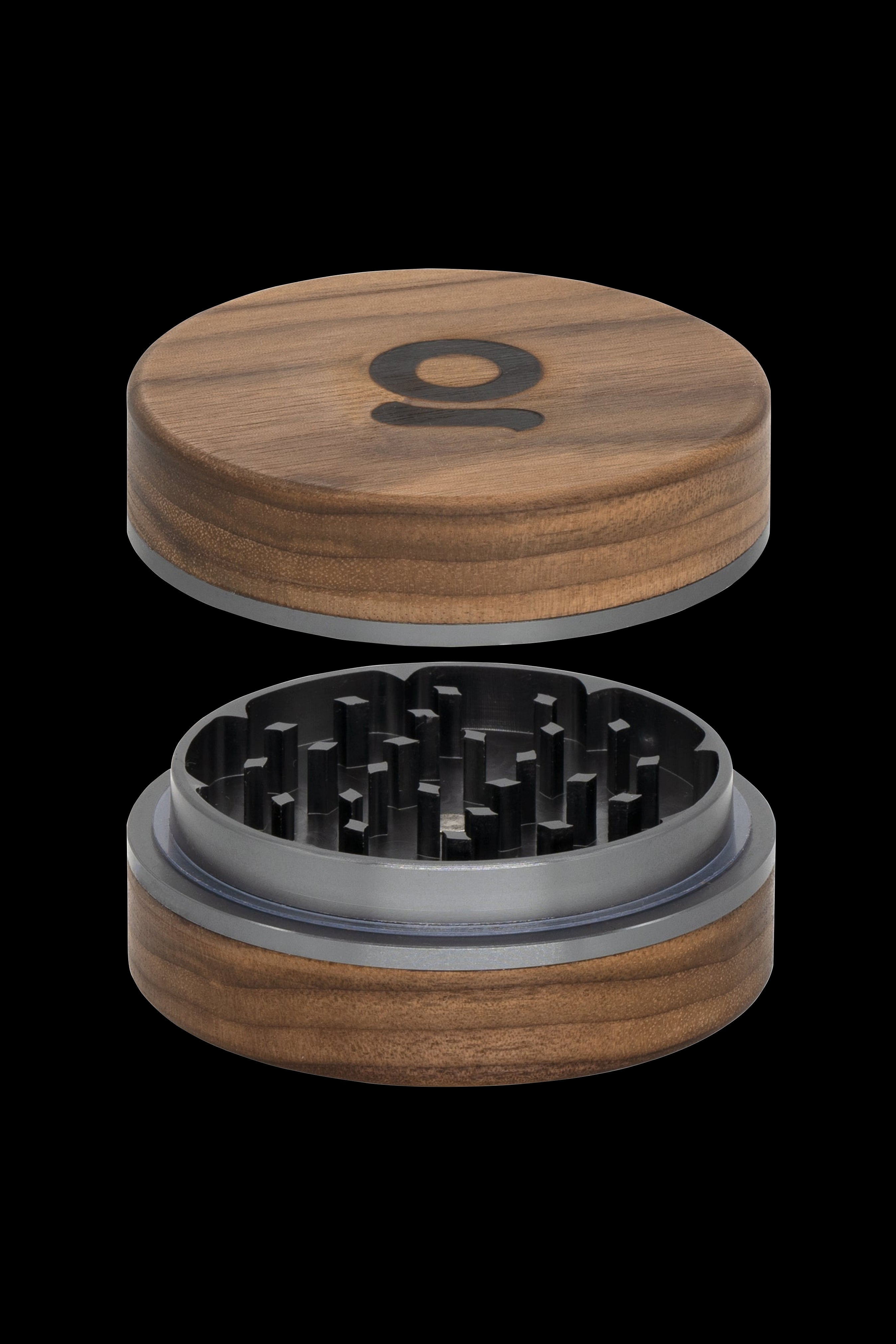 Wooden cannabis grinder with metal grinding teeth, shown open and separated into two halves.
