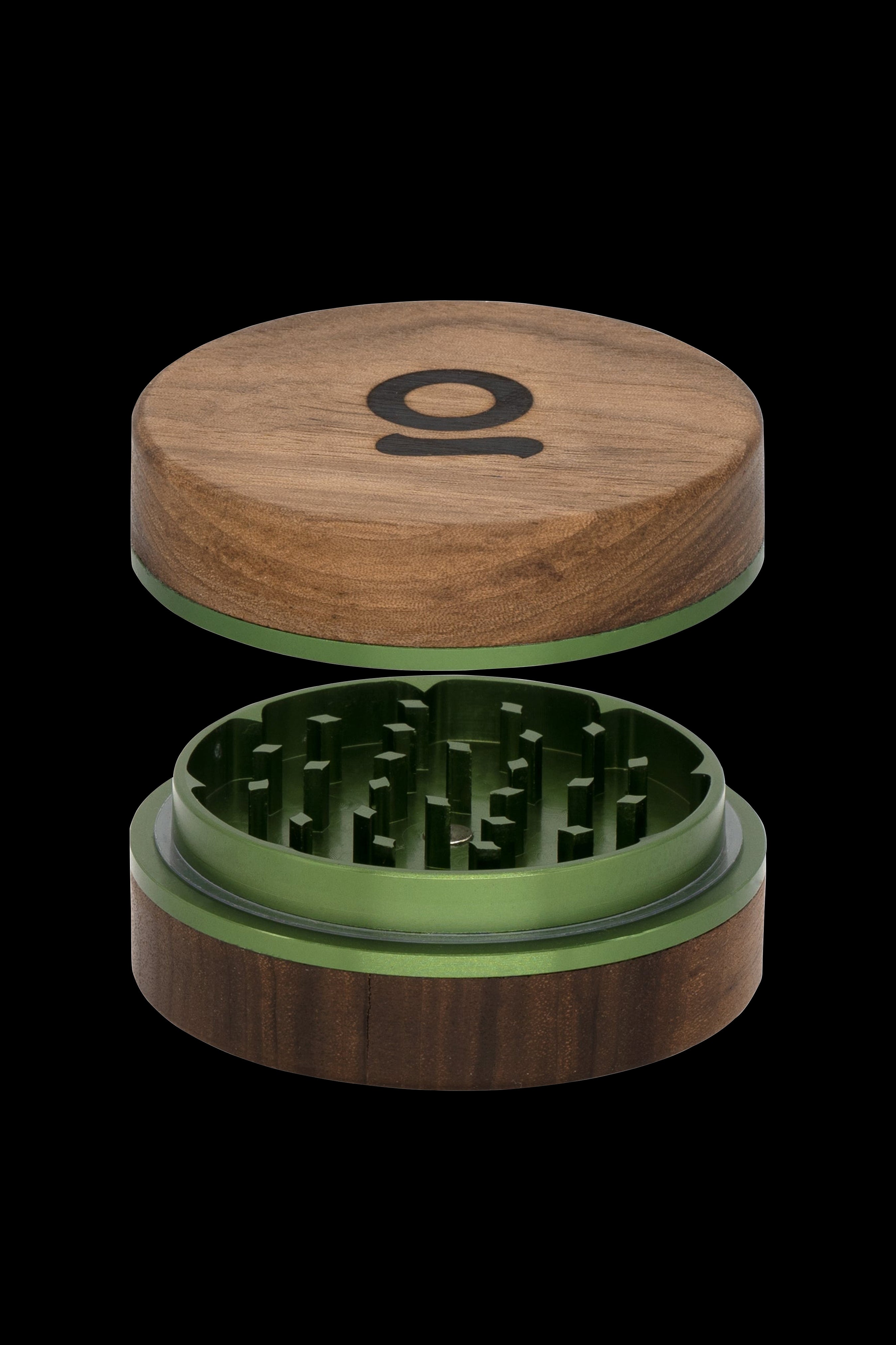 Wooden and green cannabis grinder, open with visible teeth.