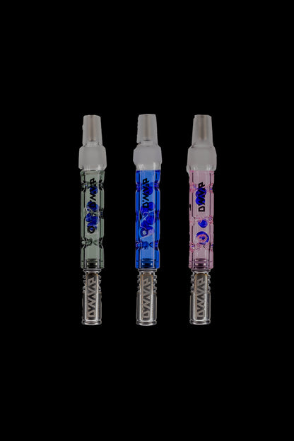 Three glass dab rigs with branded text, in silver, blue, and pink, against a black background.
