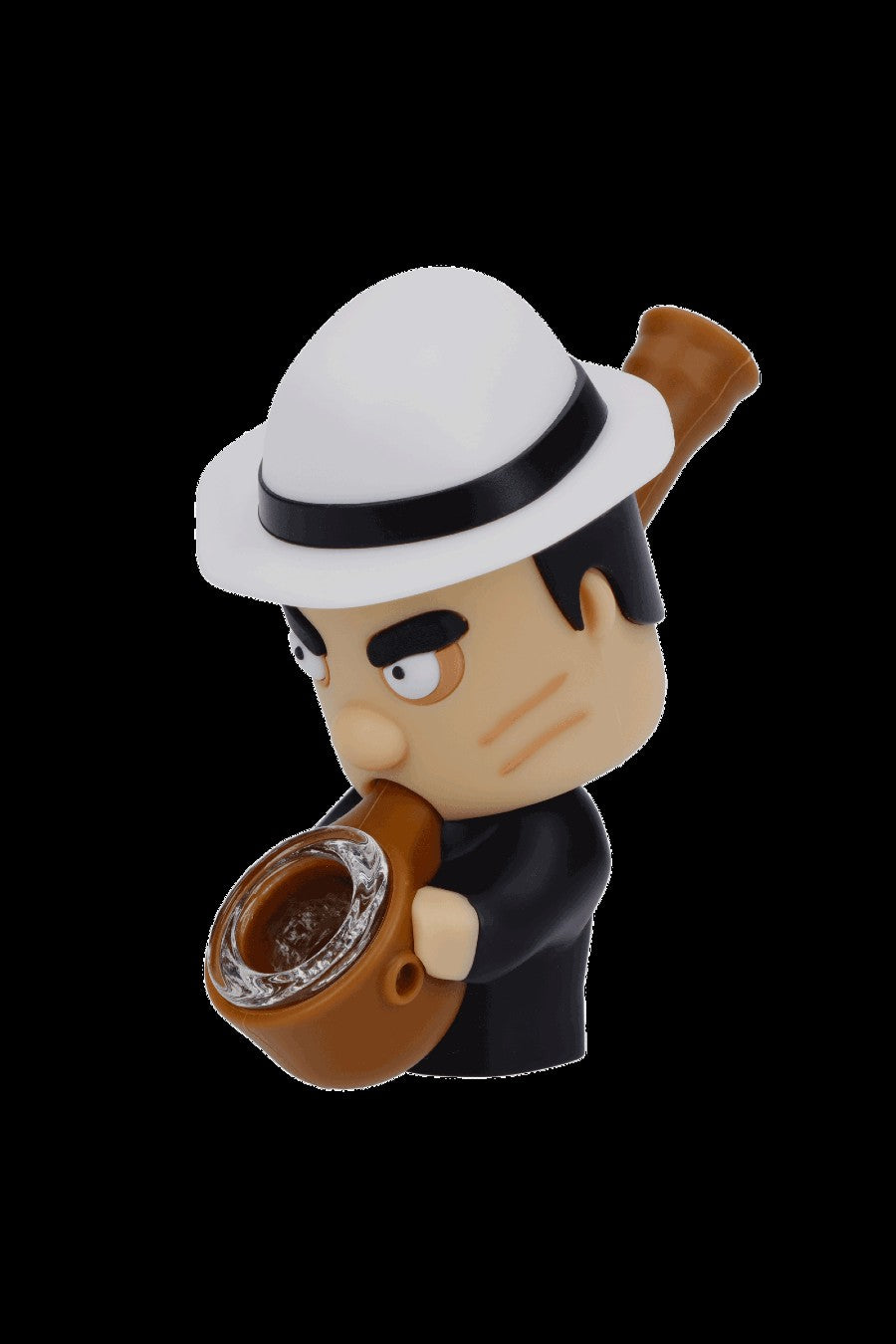 Cartoon bobblehead figure holding a glass pipe.
