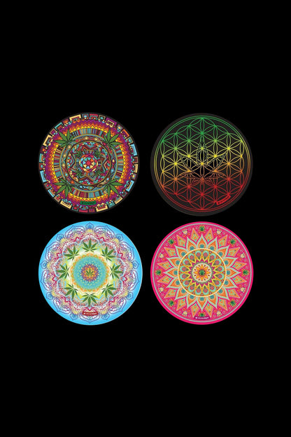 Top-down view of four colorful circular mats against black, labeled StonerDays Mandala Dab Mat Combo - 4 Pack.