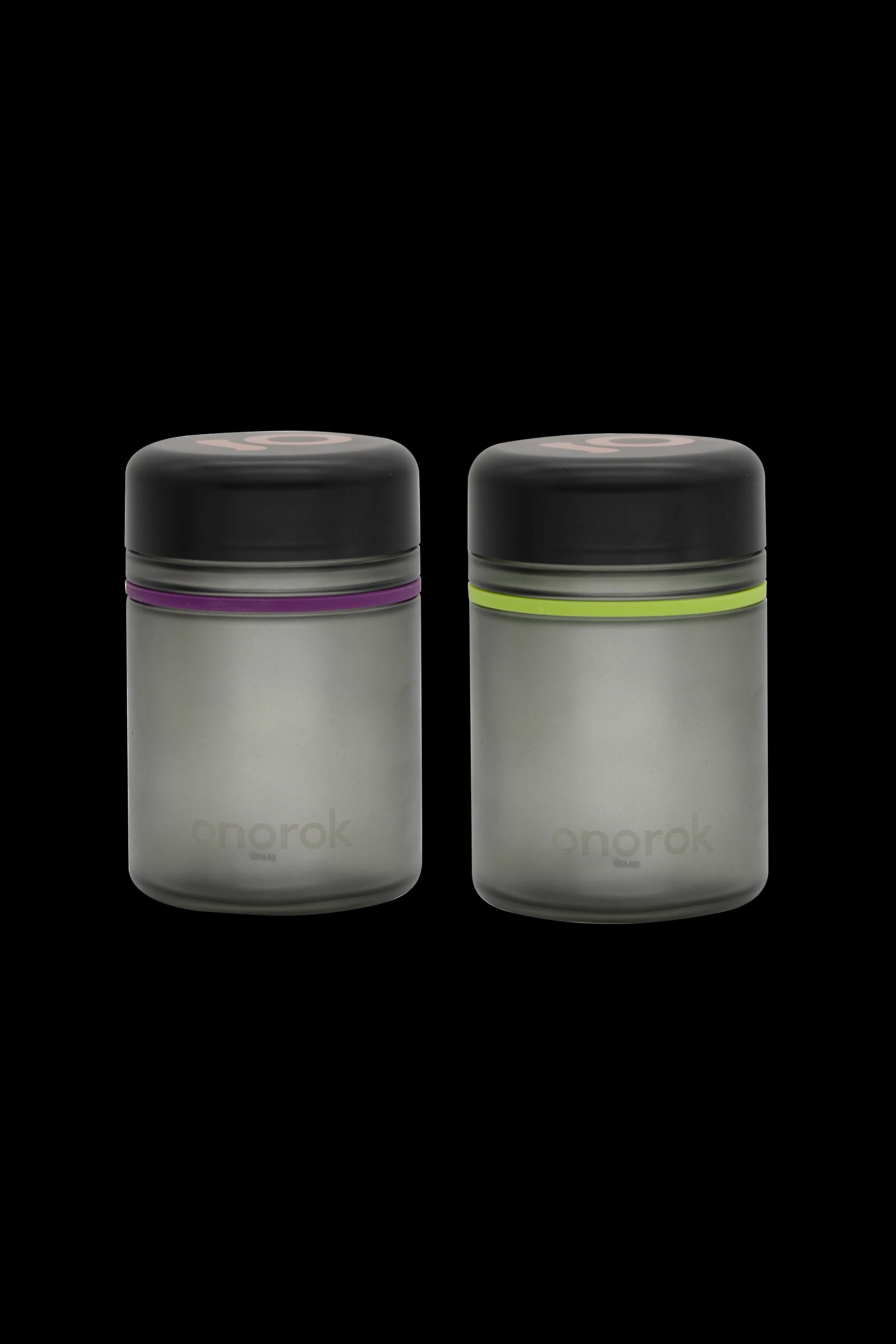 Two airtight, tinted glass jars with black lids, branded “ongrok,” designed for cannabis storage.
