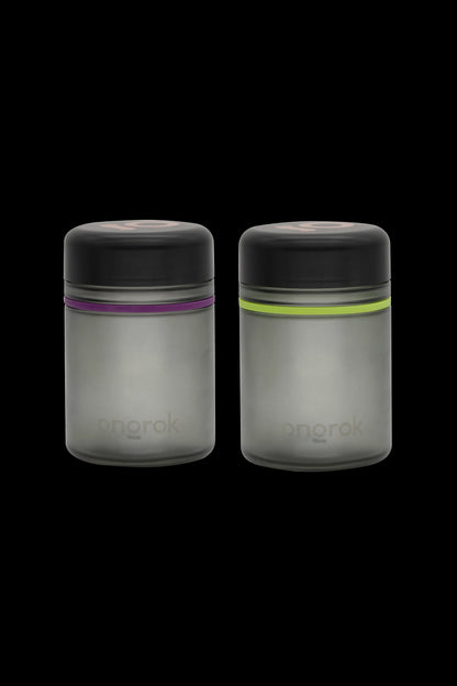 Two airtight, tinted glass jars with black lids, branded “ongrok,” designed for cannabis storage.