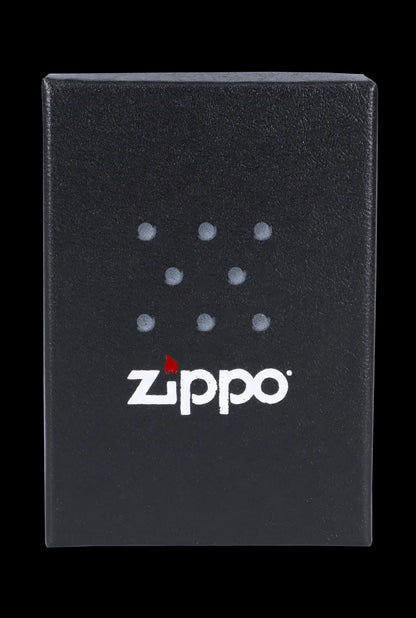 Black Zippo lighter with a constellation of dots and white logo.