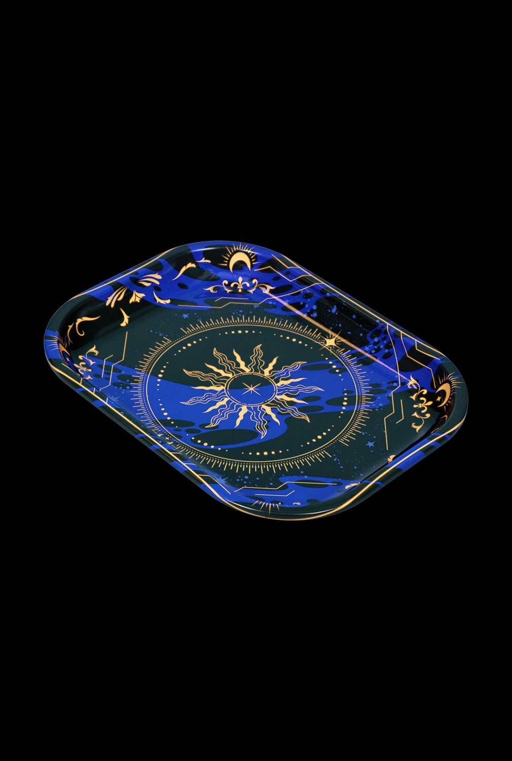 Blue rolling tray with celestial sun and moon design.