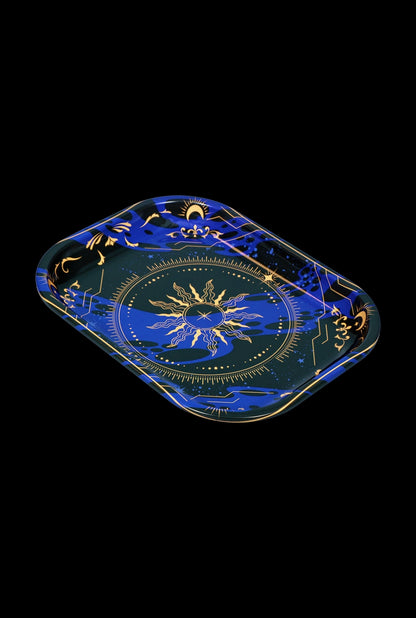 Blue rolling tray with celestial sun and moon design.