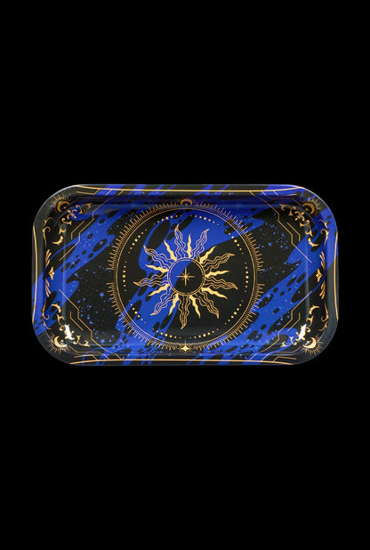 Gold-lined rolling tray with a celestial sun and star design on a blue and black background.