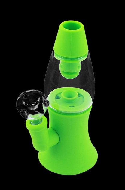 Bright green silicone water pipe (rig) with a glass bowl, isolated on a black background.