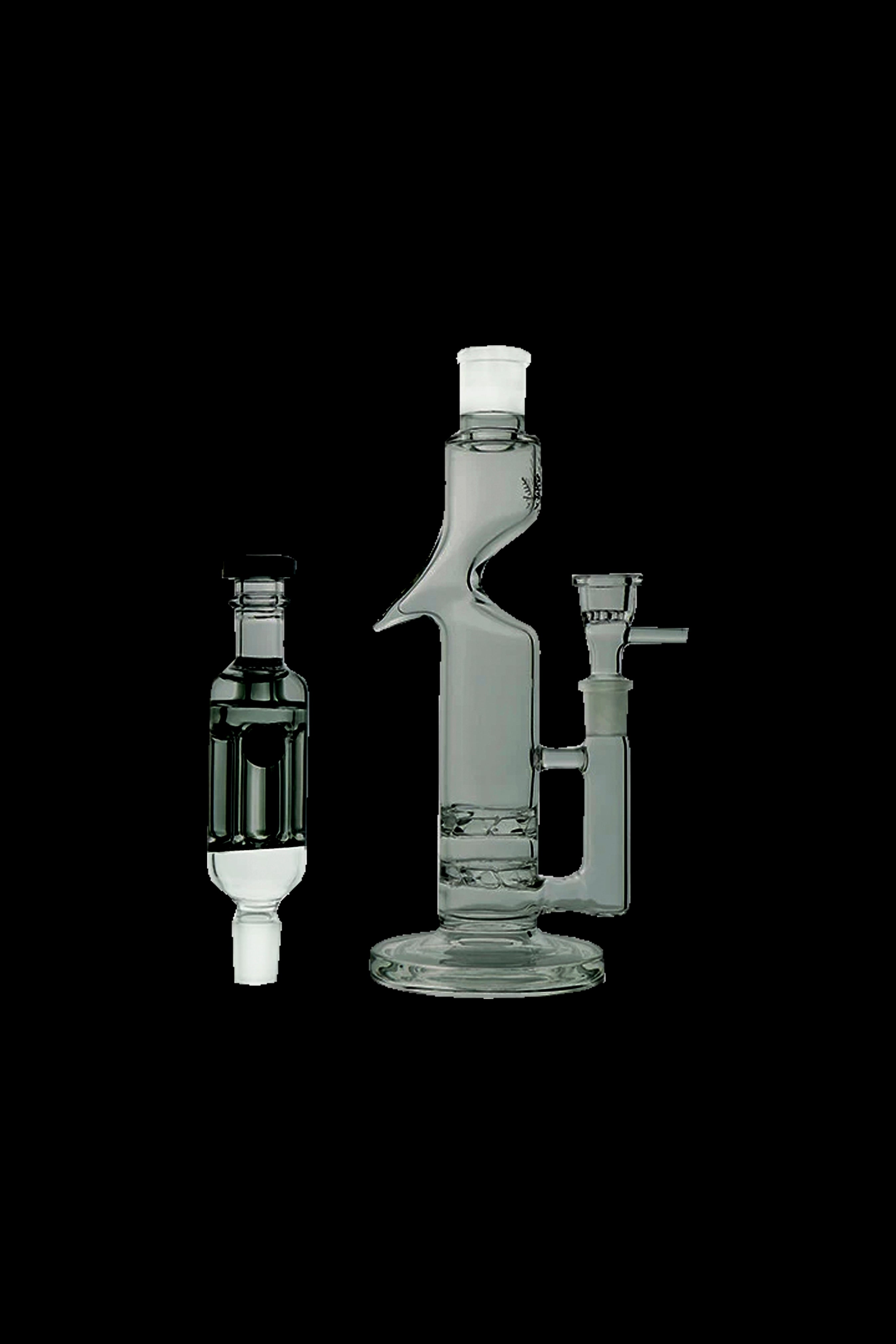Glass bubbler and rig for cannabis concentrate use, studio shot on black background.