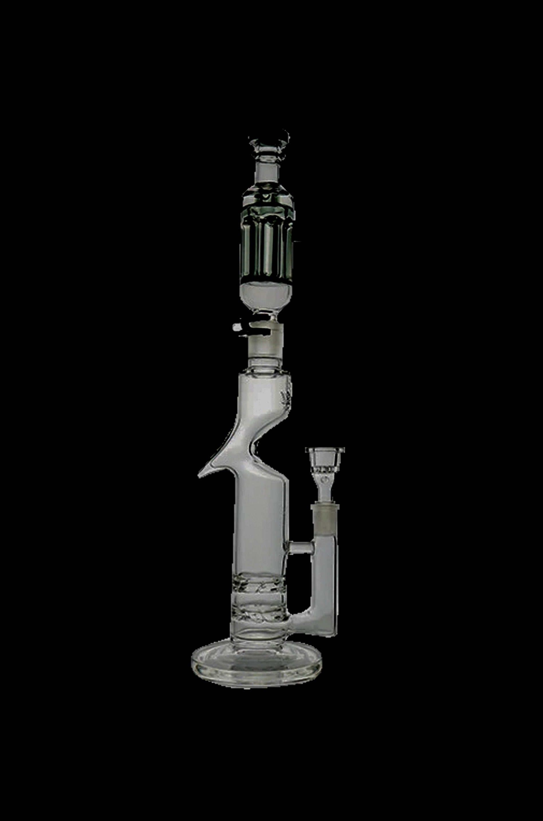 Clear glass water pipe (bong) with intricate bubbler and percolator design.