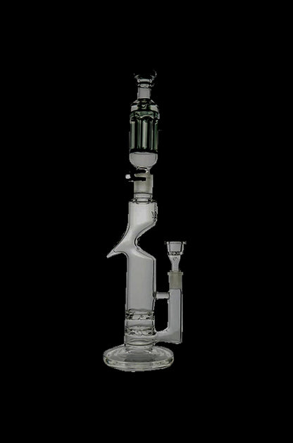 Clear glass water pipe (bong) with intricate bubbler and percolator design.