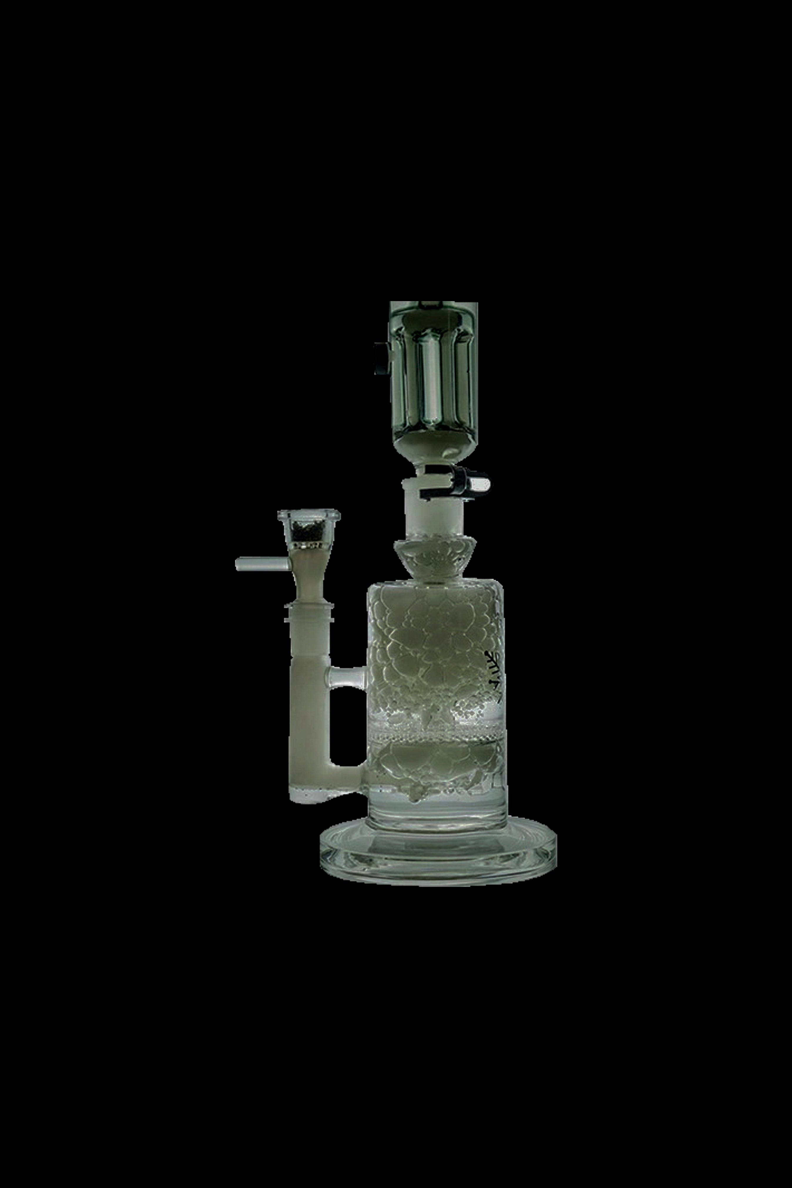 Green glass water pipe (bong) with percolator, studio shot on a black background.