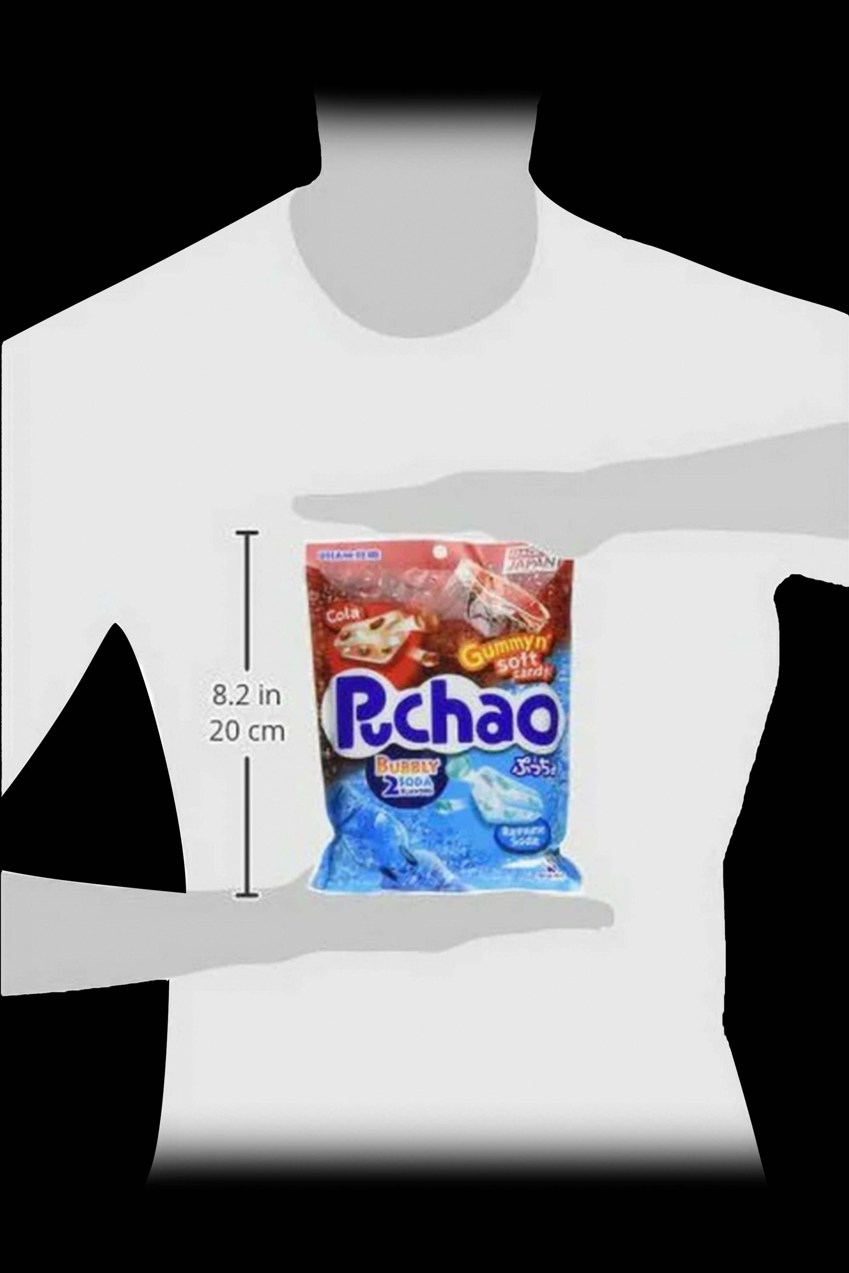 Pouch of Japanese Pucha gummy candies with cannabis labeling, positioned against a gray t-shirt with size measurements indicated.