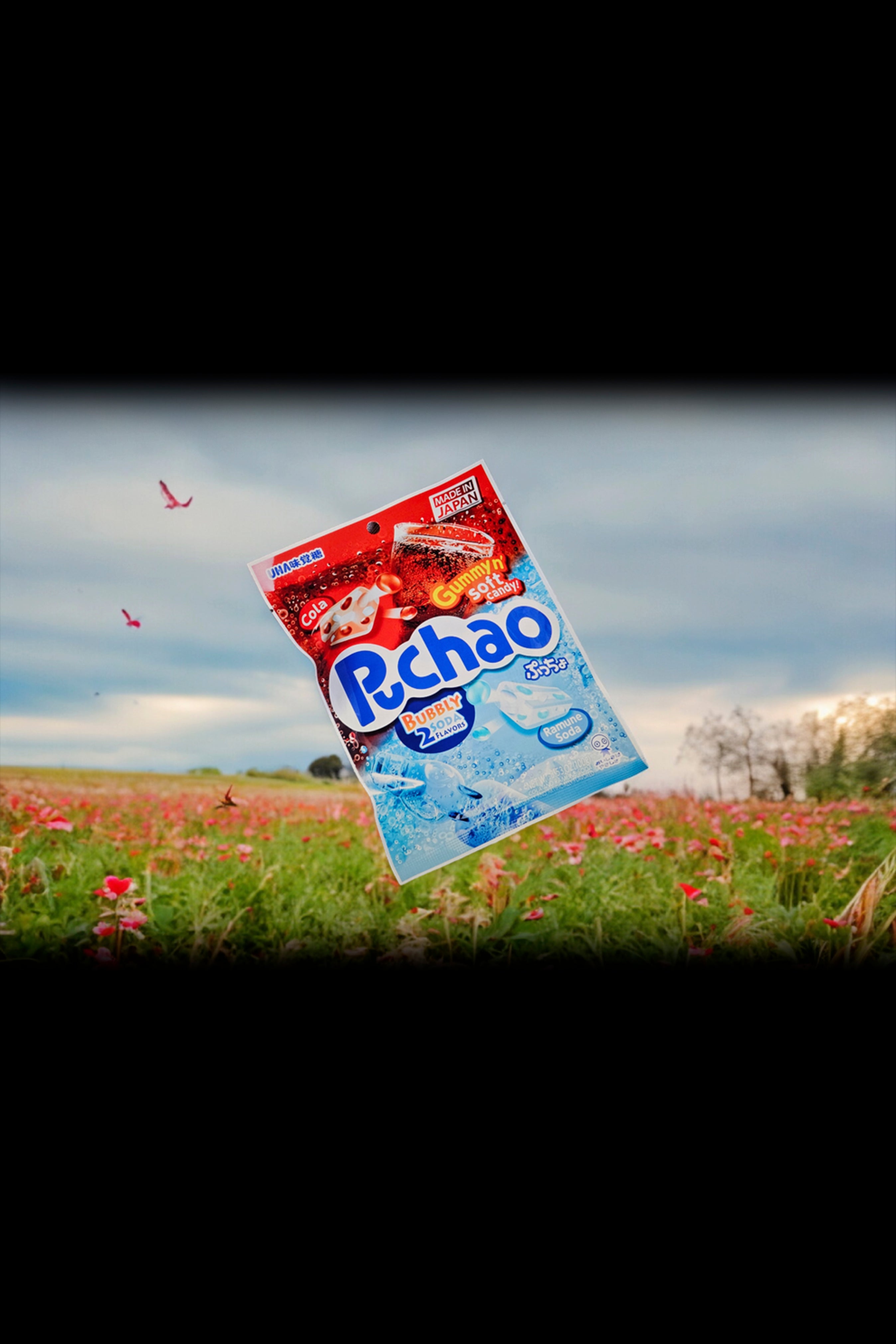 Pchao gummy candy packaging floats above a field of pink flowers, suggesting a playful, colorful cannabis edible product."