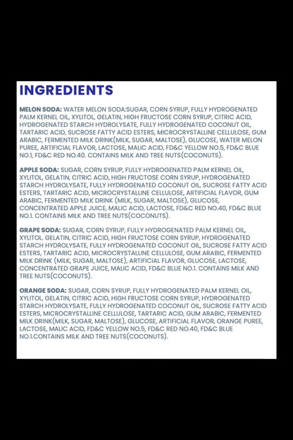 Close-up of ingredient lists for watermelon, apple, grape, and orange sodas, potentially used as flavoring components for cannabis products.
