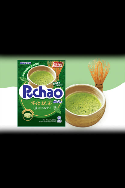 Pchao Uji Matcha soft candy packaging with a cannabis-style grinder and bud in the background.