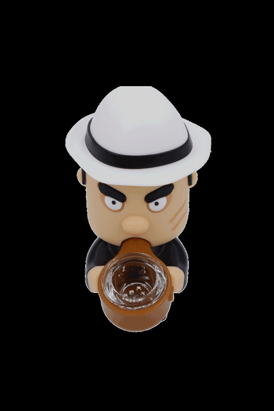 Cartoonish ceramic pipe resembling a stern-faced man in a fedora.