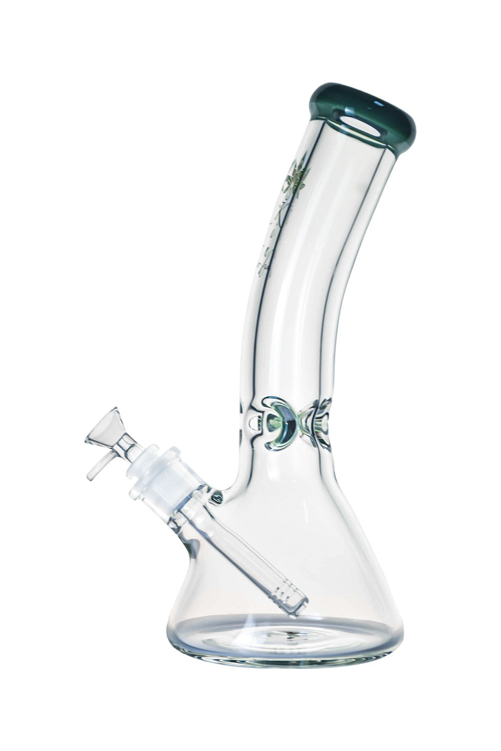 A front view of The Kind Glass 9mm Bent Neck Beaker, showcasing its clear glass construction and curved neck design.