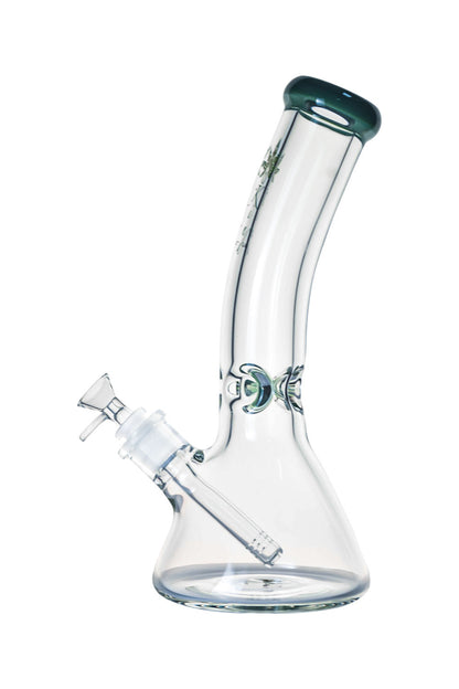 A front view of The Kind Glass 9mm Bent Neck Beaker, showcasing its clear glass construction and curved neck design.