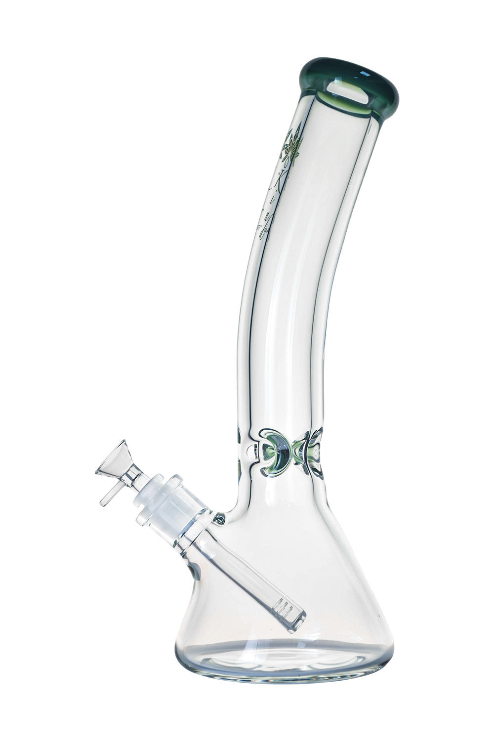 A front view of The Kind Glass 9mm Bent Neck Beaker, showcasing the clear glass and gently curved neck design.