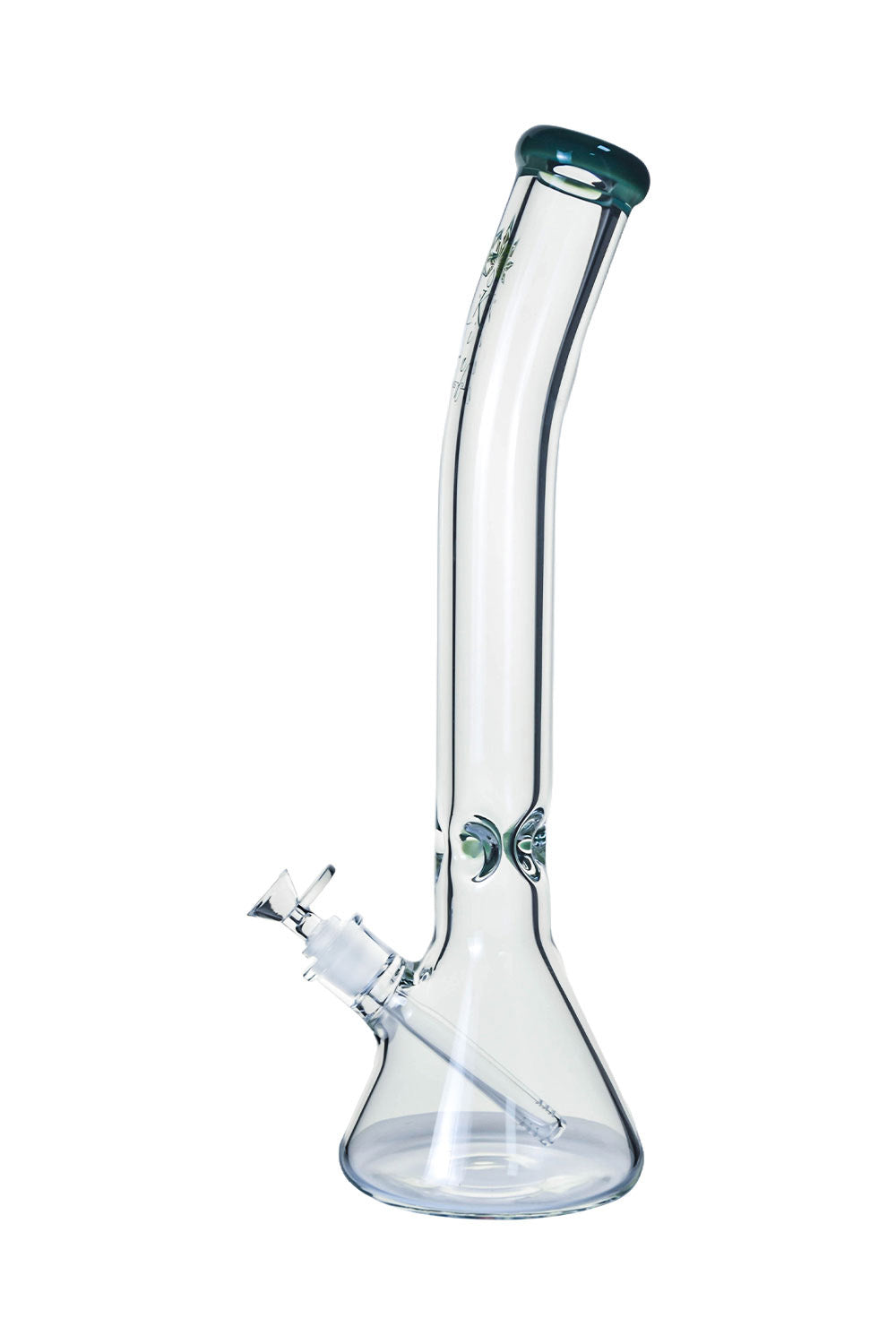 A front view of The Kind Glass 9mm Bent Neck Beaker, showcasing its clear glass construction and gently curved neck.