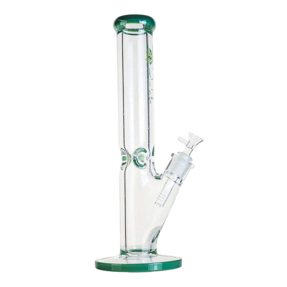Front view of The Kind Glass 9mm Straight Neck Tube, a clear glass tube with a simple, cylindrical shape and visible joint.
