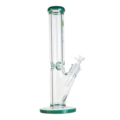 Front view of The Kind Glass 9mm Straight Neck Tube, a clear glass tube with a simple, cylindrical shape and visible joint.