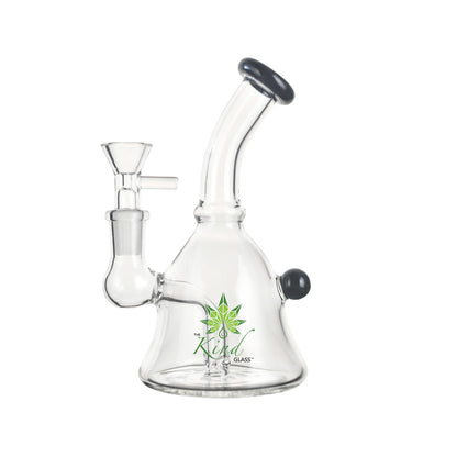 Angled close-up of the black-accented The Kind Glass 6″ Mini Bong against a white background, showing its curved neck, bowl, and logo.