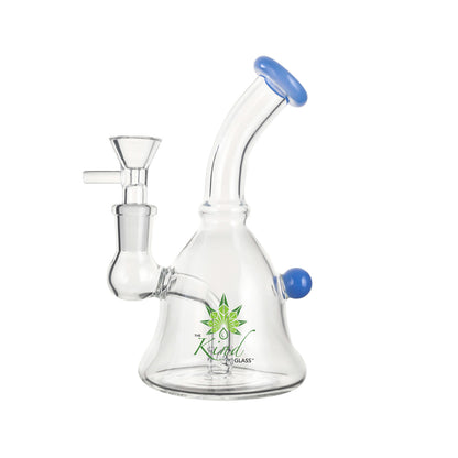 Close-up front view of The Kind Glass 6″ Mini Bong showing its clear glass body, angled neck with a blue rim, and green logo.