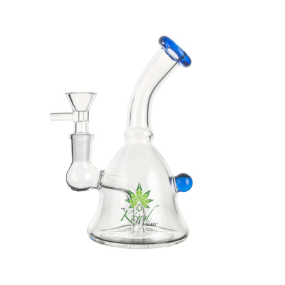Angled front view of The Kind Glass 6″ Mini Bong in clear glass with a blue-rimmed mouthpiece and green logo on a white background
