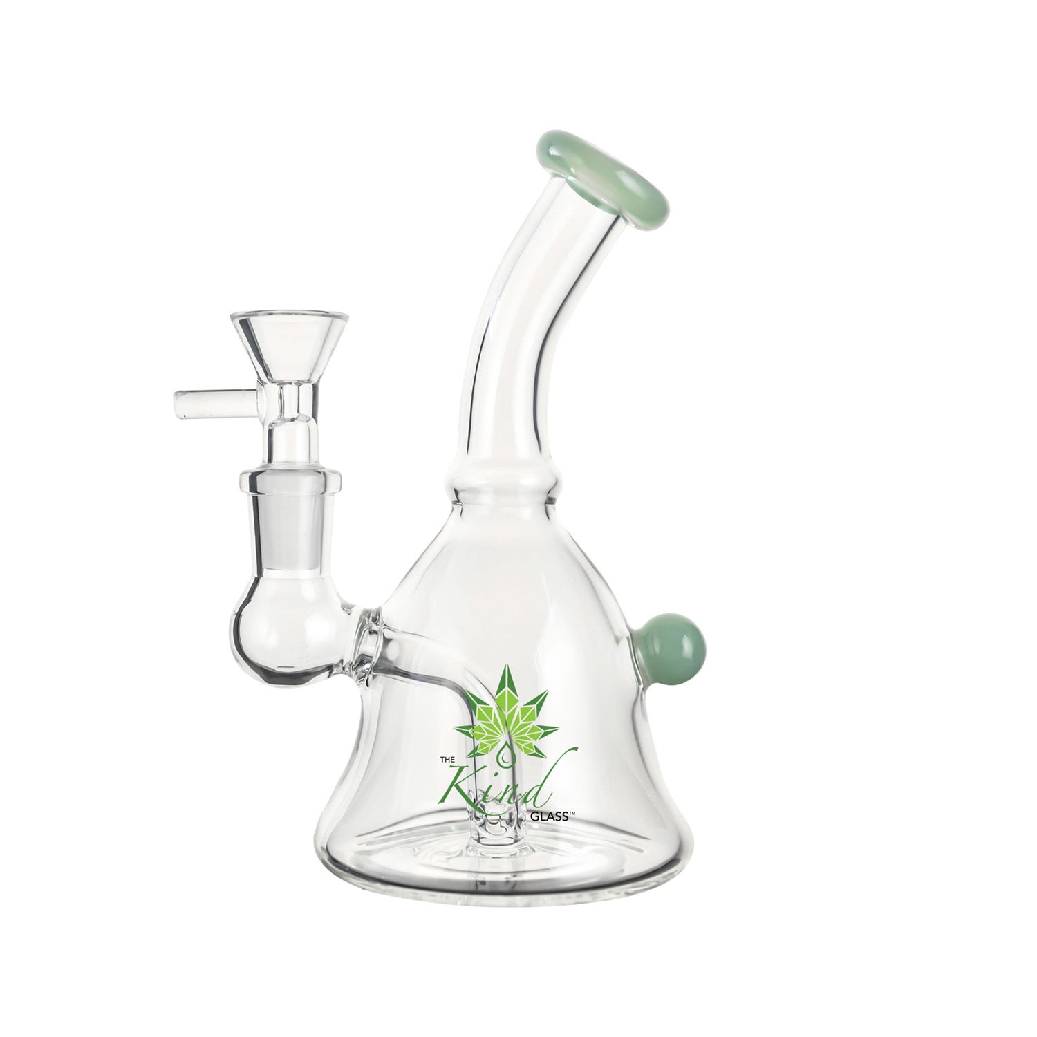 Angled close-up of The Kind Glass 6″ Mini Bong showing its clear glass body, green jade mouthpiece and side accent against a white background