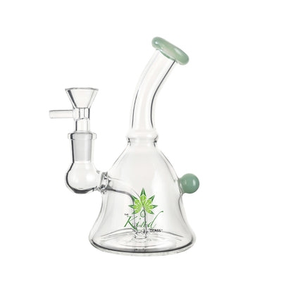 Angled close-up of The Kind Glass 6″ Mini Bong showing its clear glass body, green jade mouthpiece and side accent against a white background