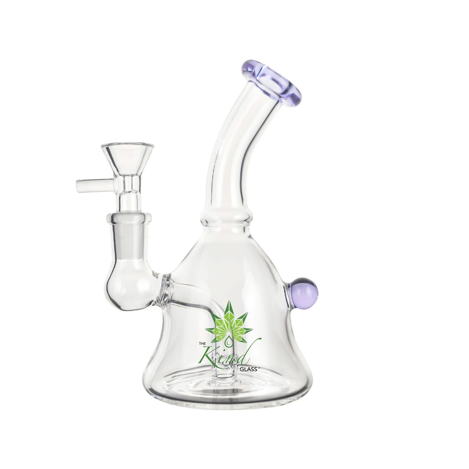Angled close-up of The Kind Glass 6″ Mini Bong showing the clear glass body, slanted neck with a pale blue rim, and side joint.
