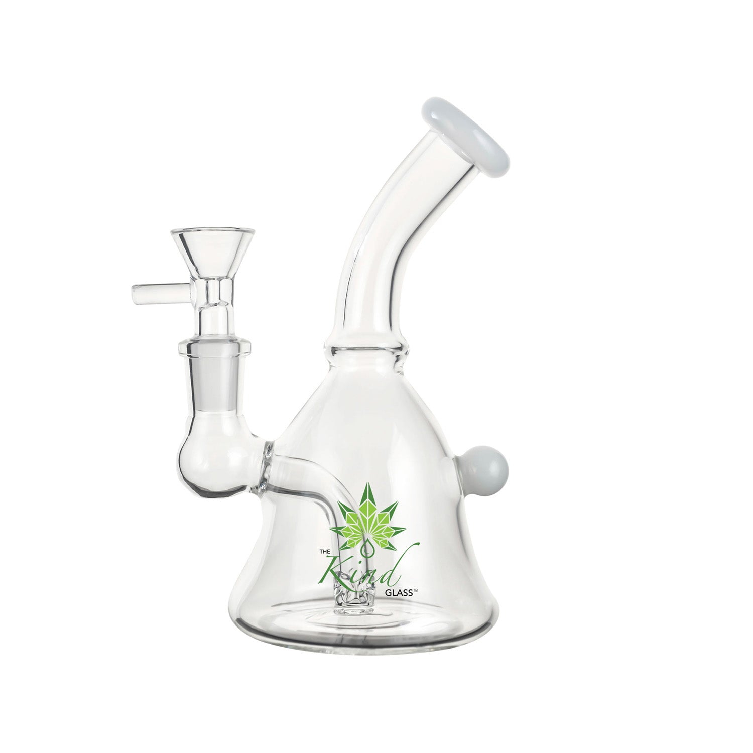 Close-up front view of the clear glass The Kind Glass 6″ Mini Bong showing its angled mouthpiece, side joint and green logo on a white background.