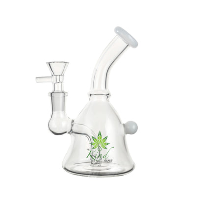 Close-up front view of the clear glass The Kind Glass 6″ Mini Bong showing its angled mouthpiece, side joint and green logo on a white background.
