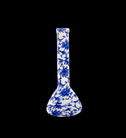 Blue and white patterned glass water pipe against a black background.