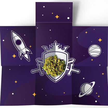 Dark navy packaging with a celestial design featuring a shield containing cannabis buds, crossed swords, a rocket, and planets.