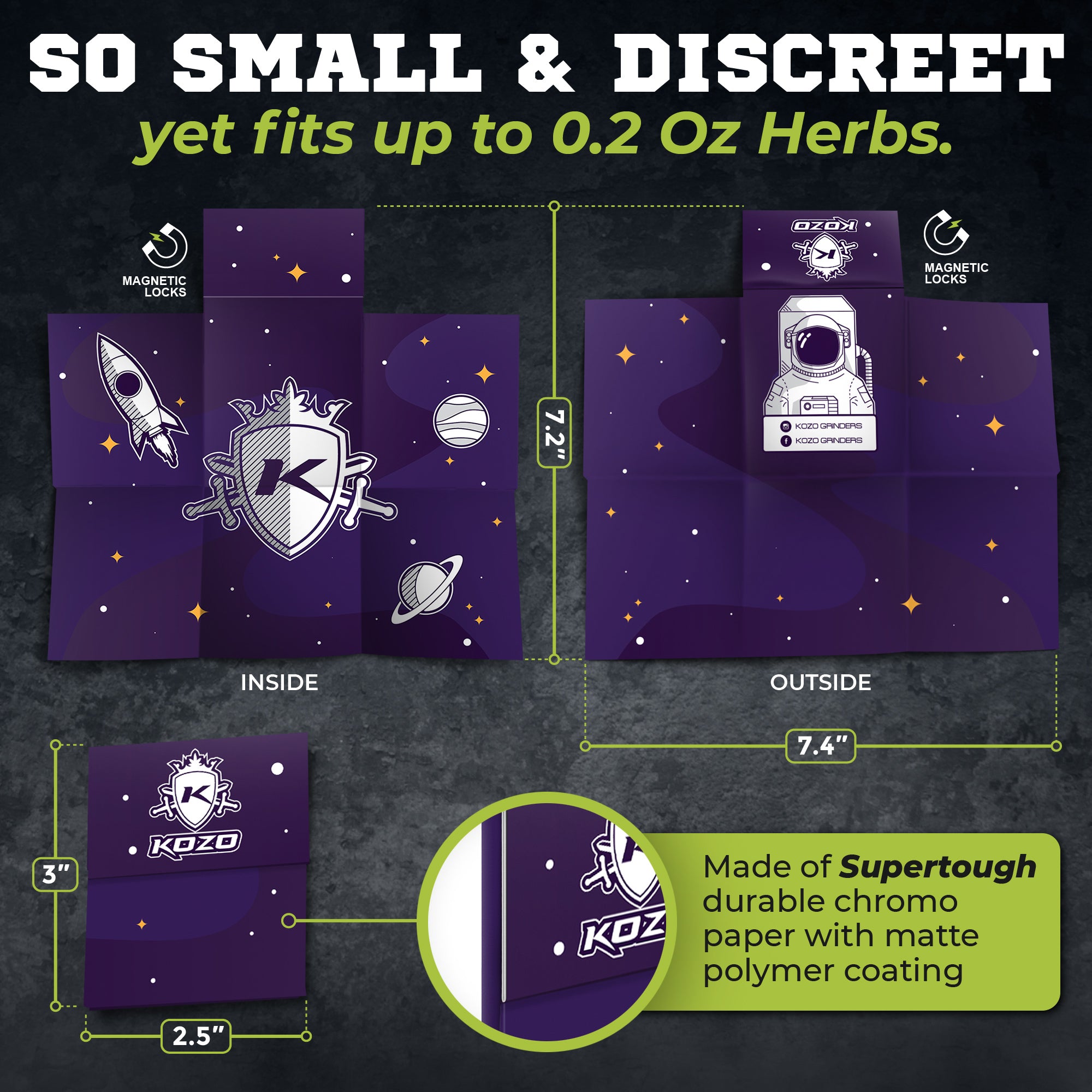 Close-up of a Kozo magnetic grinder case featuring a space theme, showing dimensions (7.2" x 2.5" x 3") and highlighting its discreet size capable of holding up to 0.2 oz of herbs. Made of durable matte polymer.