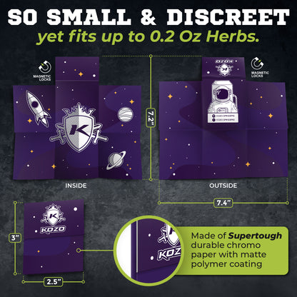 Close-up of a Kozo magnetic grinder case featuring a space theme, showing dimensions (7.2" x 2.5" x 3") and highlighting its discreet size capable of holding up to 0.2 oz of herbs. Made of durable matte polymer.