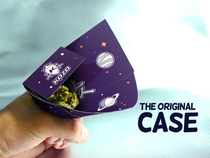 A hand holds a purple, space-themed container (“The Original Case”) filled with cannabis buds. 