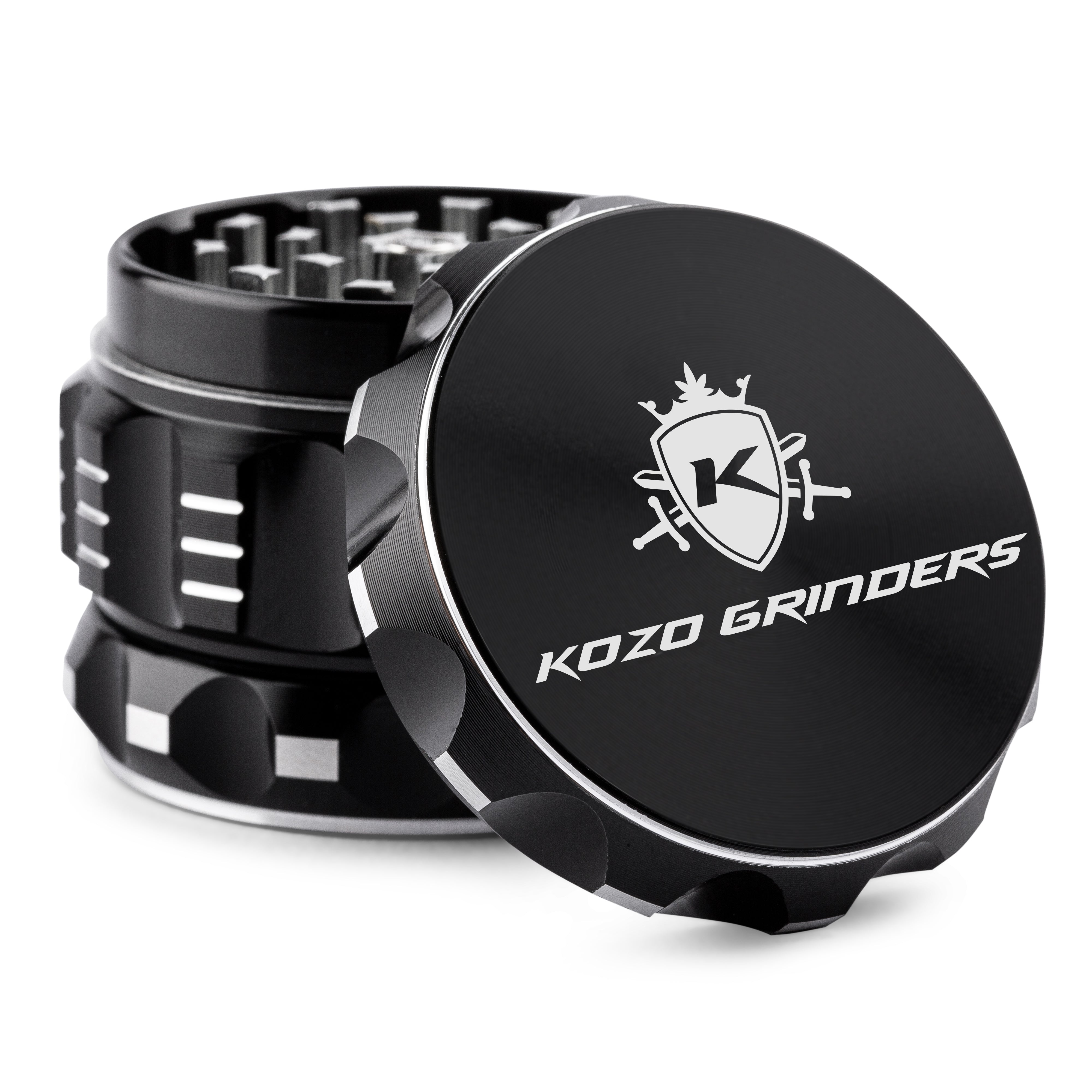 Black Kozo Grinders cannabis grinder, open with visible grinding teeth.