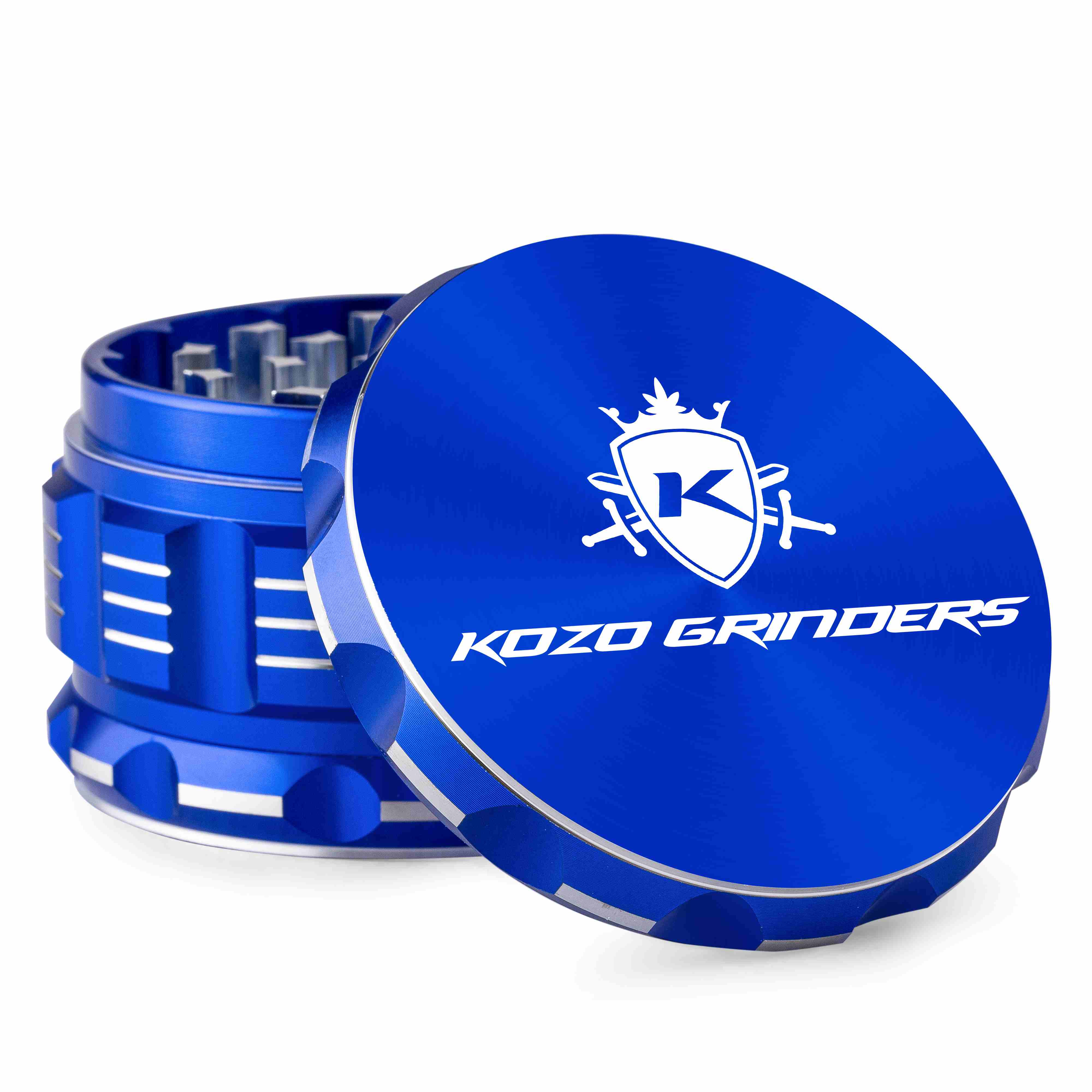 Blue Kozo Grinders cannabis grinder with open lid displaying logo.