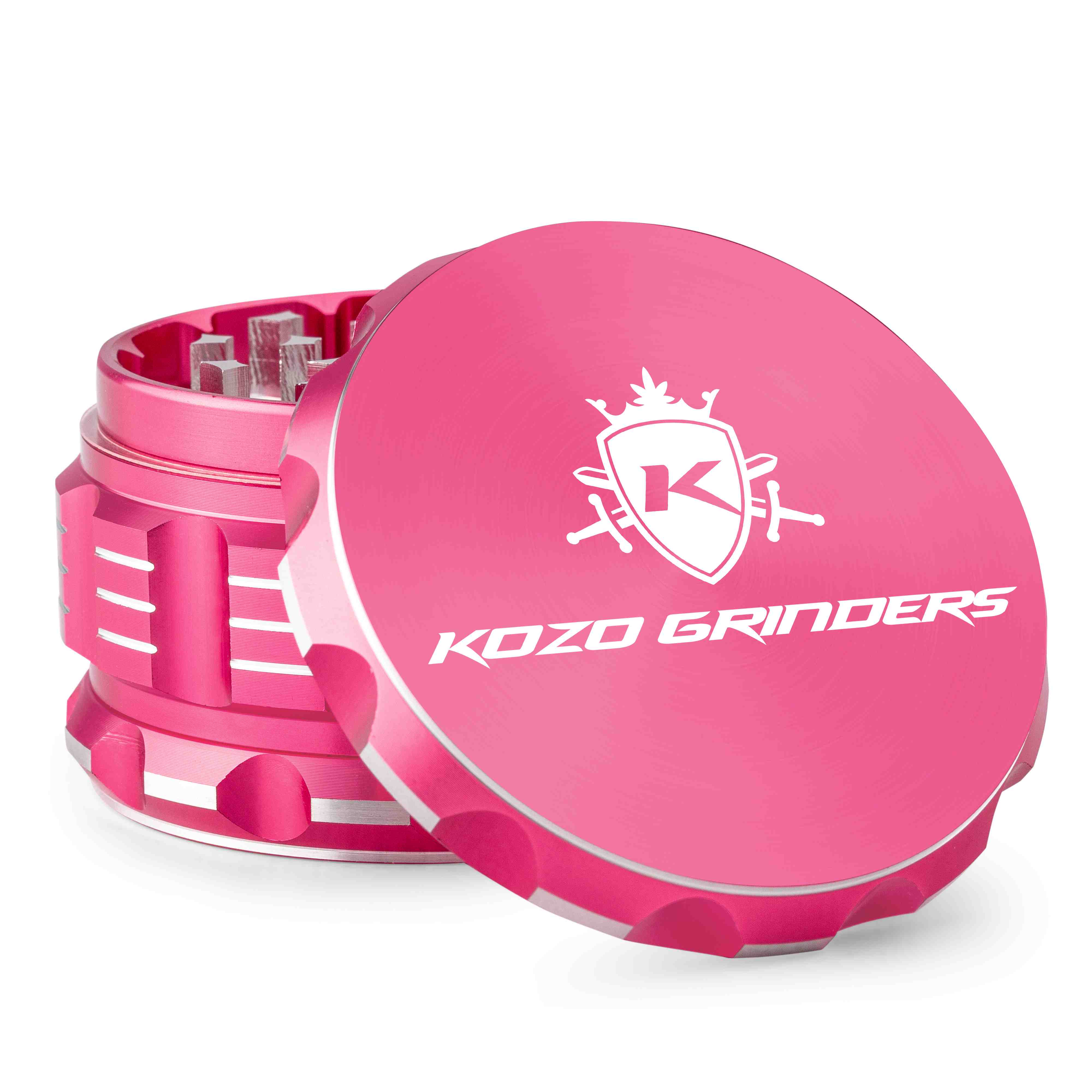 Pink Kozo Grinders cannabis grinder with white logo and branding.
