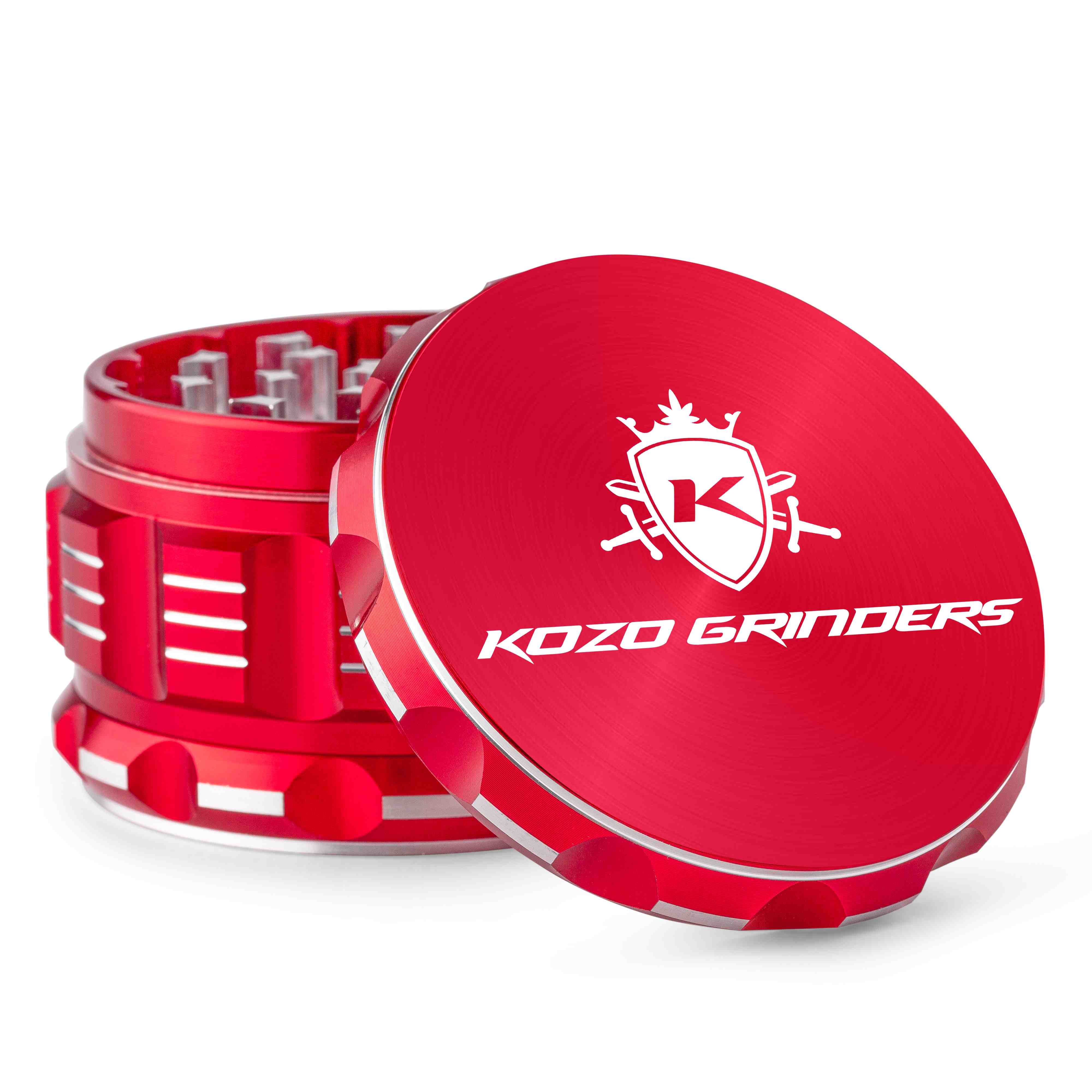 Red Kozo Grinders cannabis grinder with lid open, displaying logo.