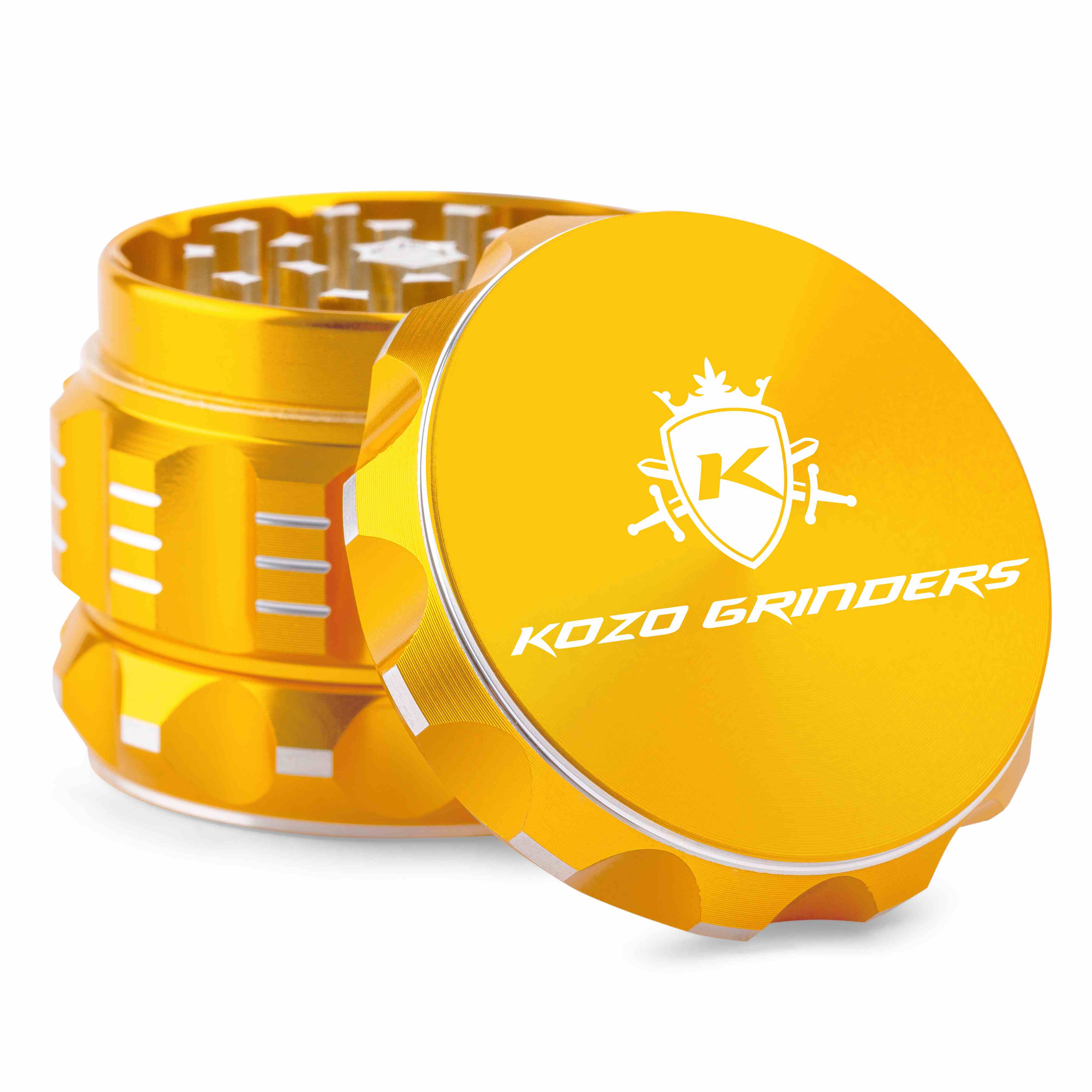 Yellow metal cannabis grinder with “Kozo Grinders” logo, open to reveal ground herb.