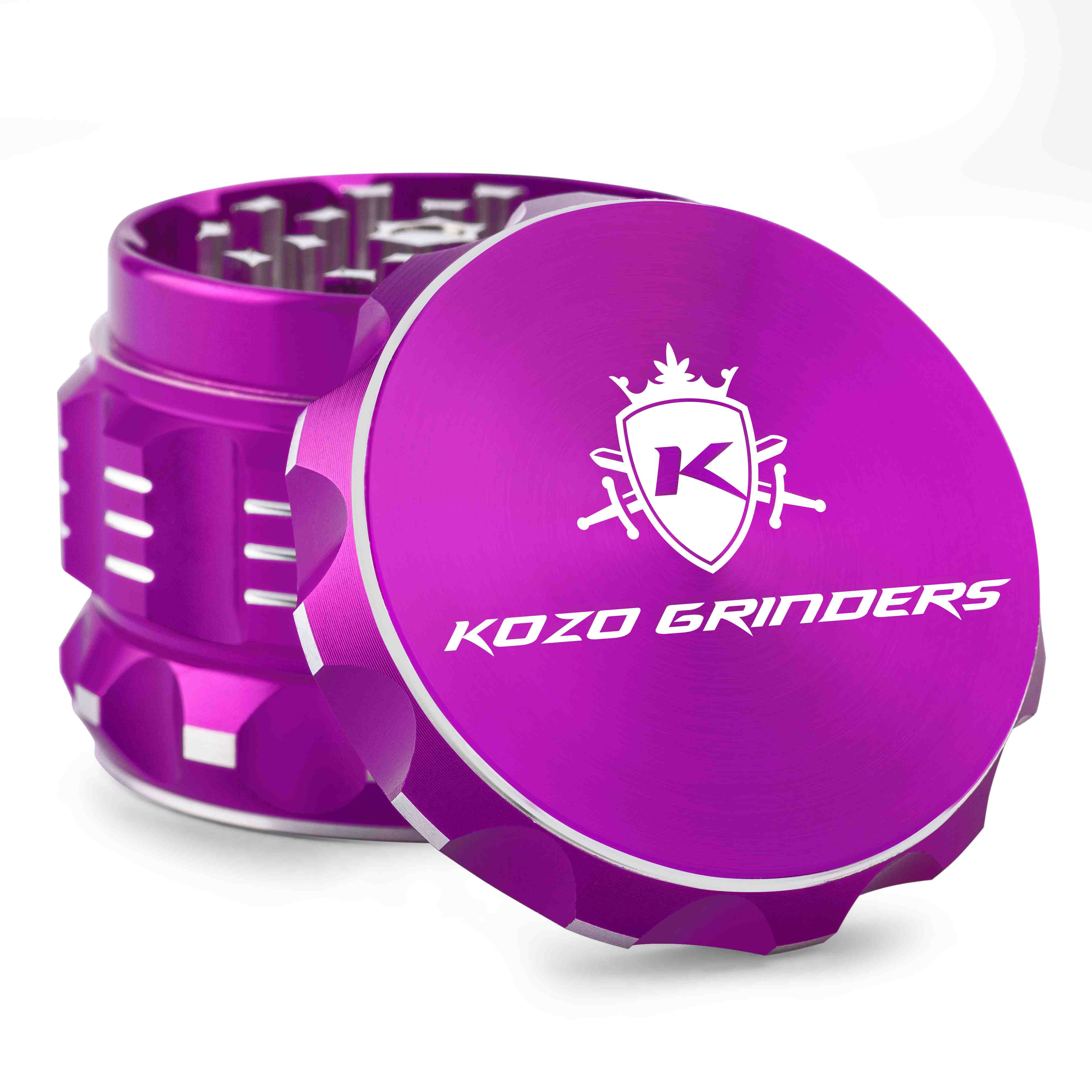 Purple Kozo Grinders cannabis grinder with logo.
