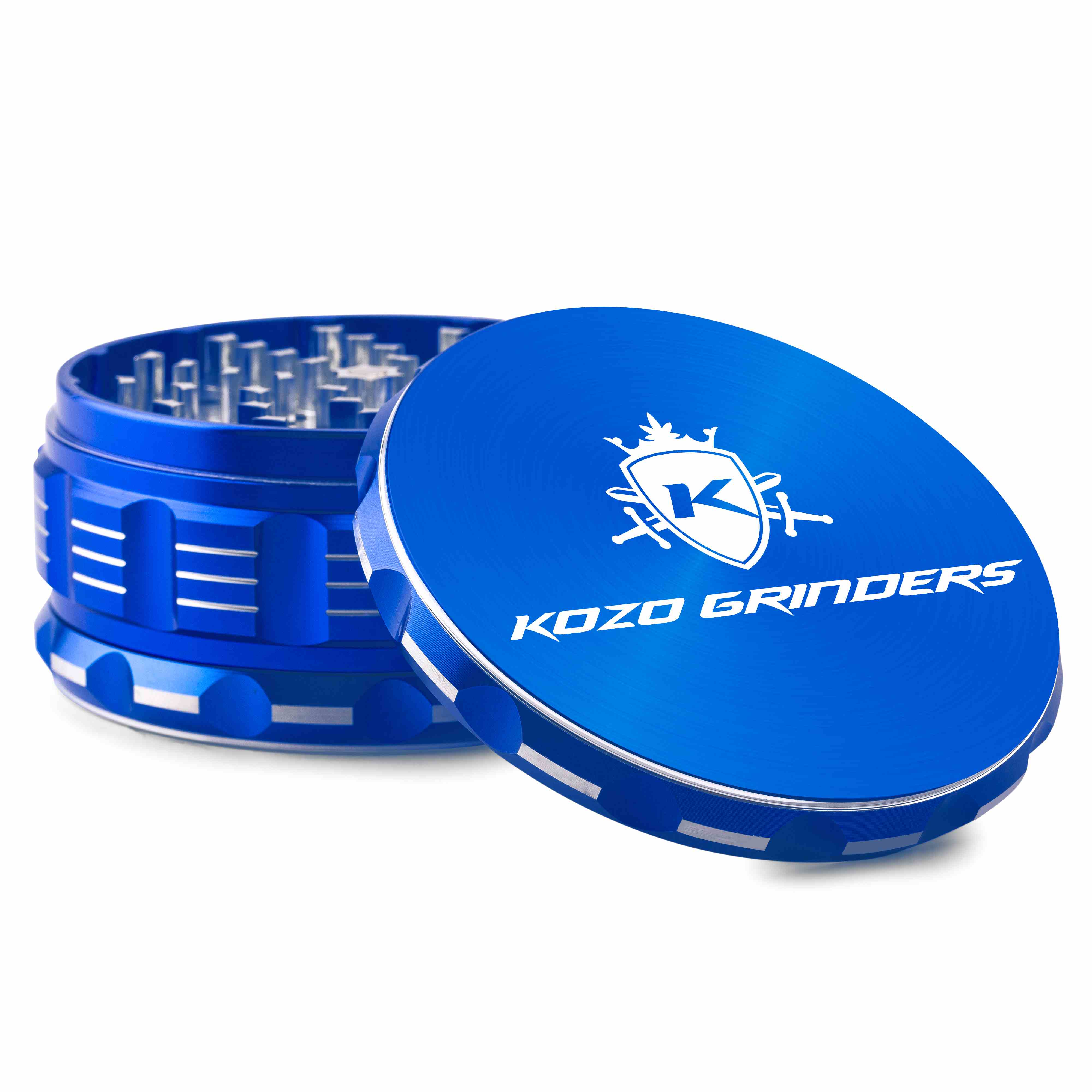 Blue metal cannabis grinder with “KOZO GRINDERS” logo.