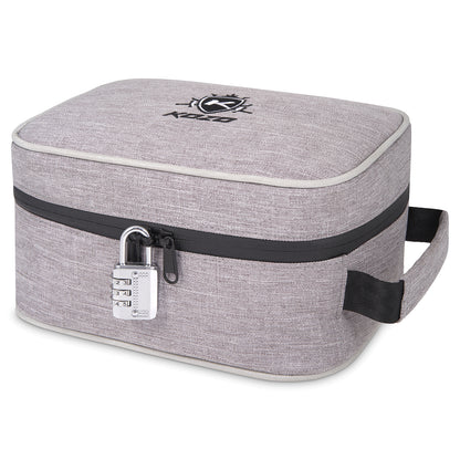 Gray lockable smell-proof bag with handle, designed for discreet cannabis storage and transport.