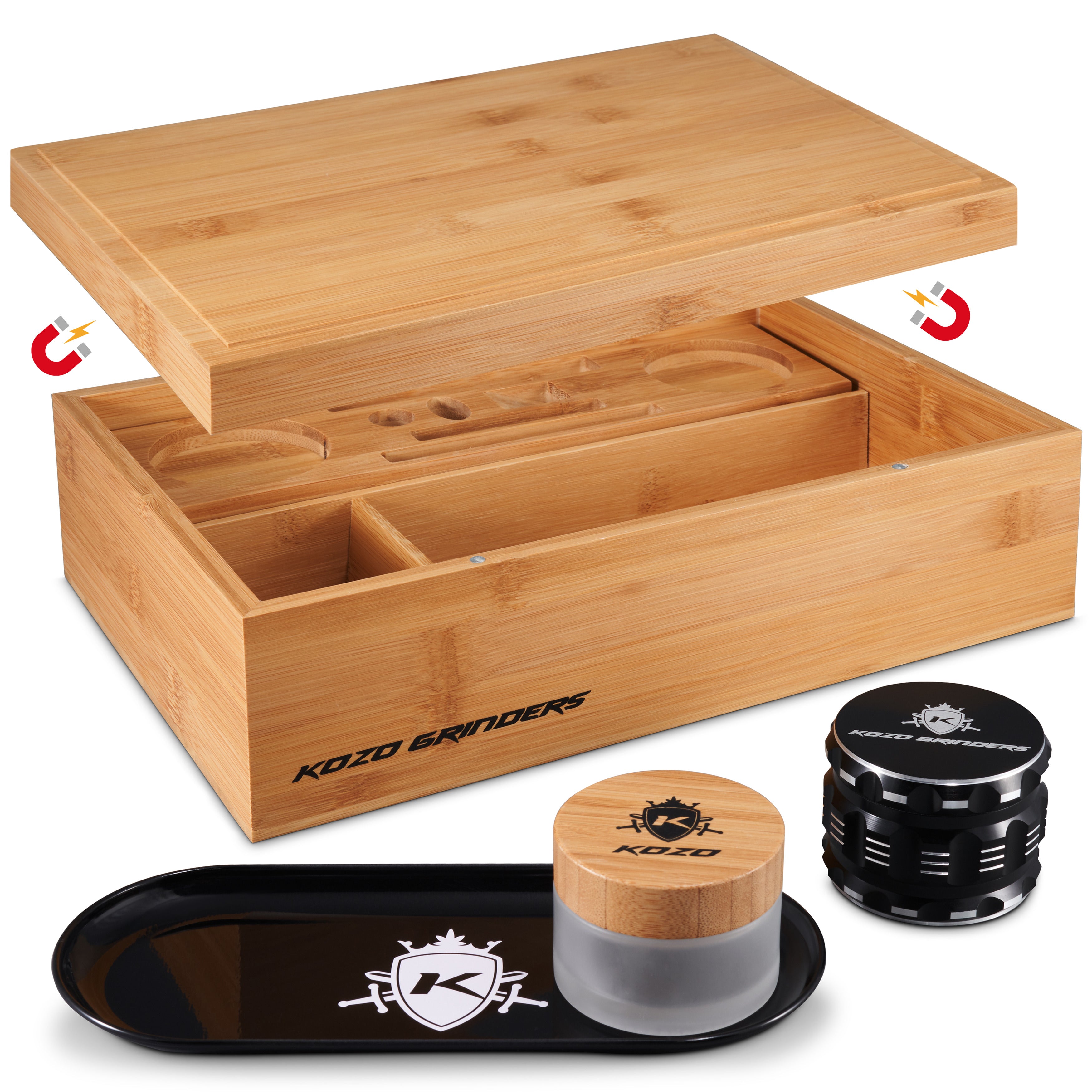 Bamboo wooden storage box with dividers, a bamboo grinder, and a black rolling tray with a cannabis leaf logo, all branded “KOZO GRINDERS.”